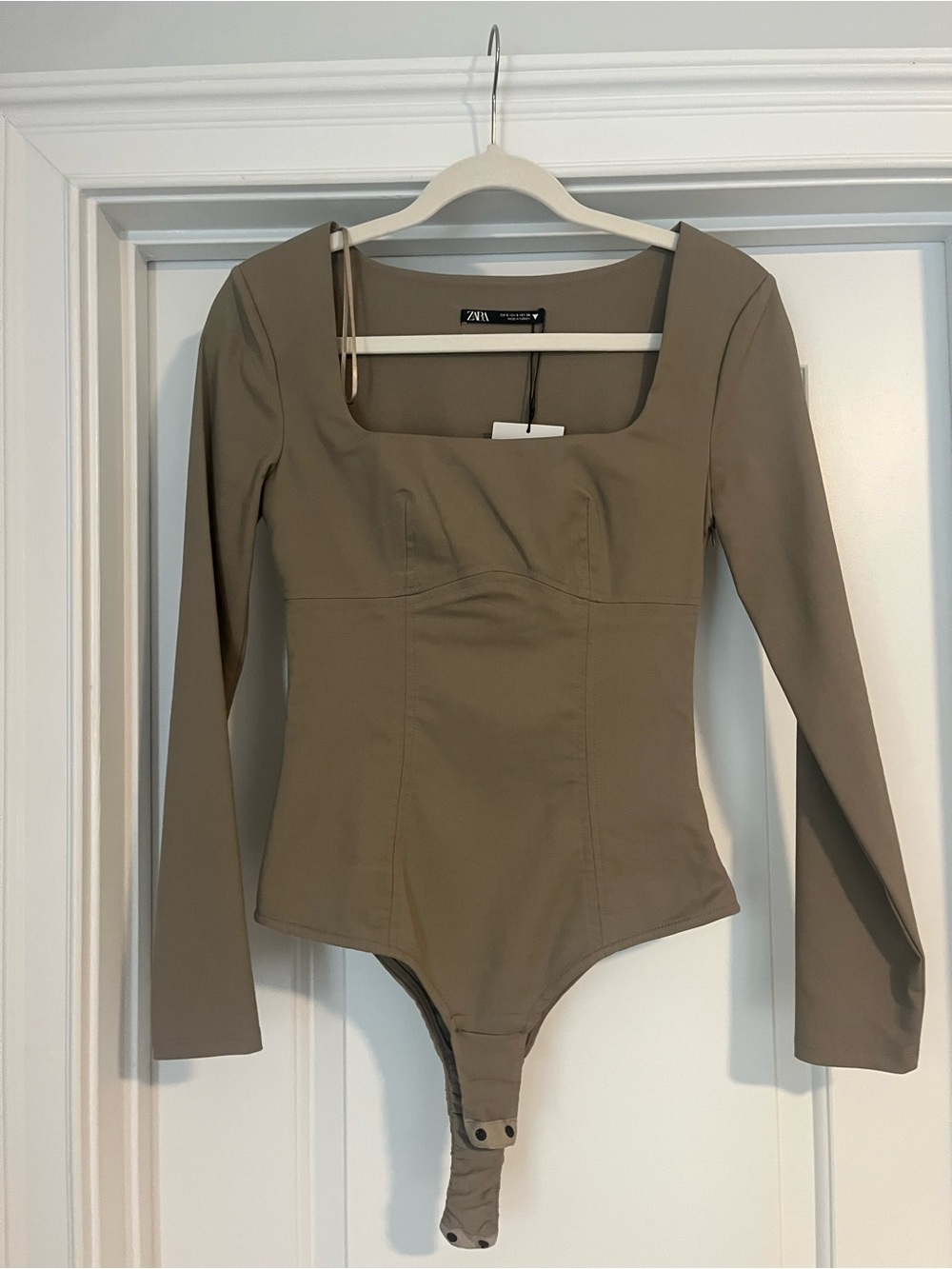 Zara Olive-Taupe Square Neck Long Sleeve Bodysuit